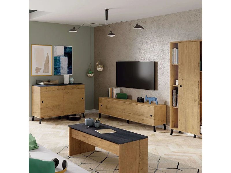 Conjunto Muebles Salón Kamet Roble Gold (Mesa Tv+Ctro+Estantería+Aparador)