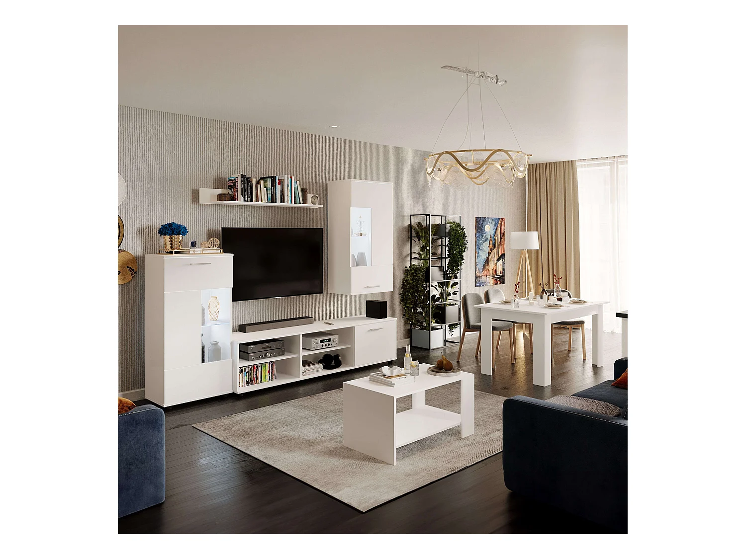 Pack Muebles Salón Cascade: Mueble TV, 2 Módulos, Estantería, Mesas Blanco Mate
