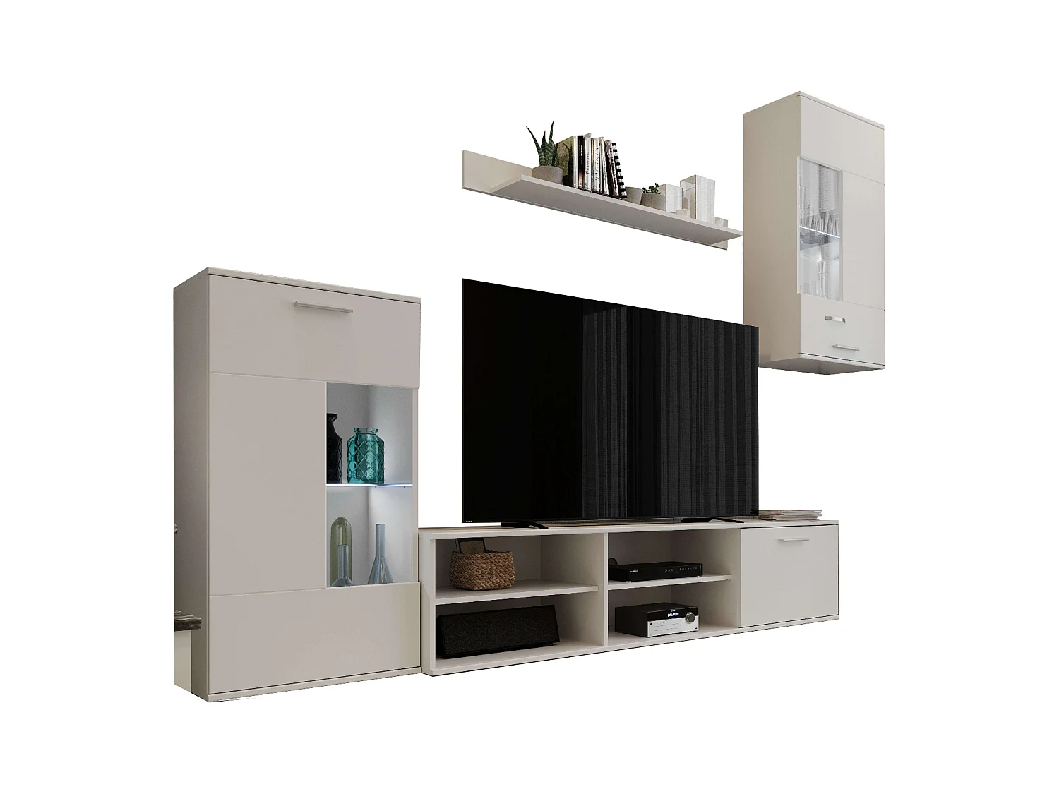 Pack Muebles Salón Cascade: Mueble TV, 2 Módulos, Estantería, Mesas Blanco Mate