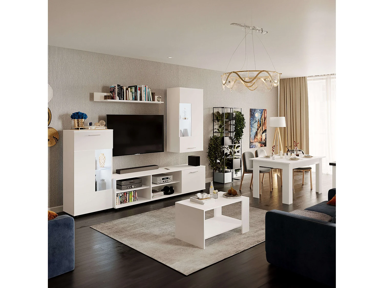 Pack Muebles Salón Cascade: Mueble TV, 2 Módulos, Estantería, Mesas Blanco Mate