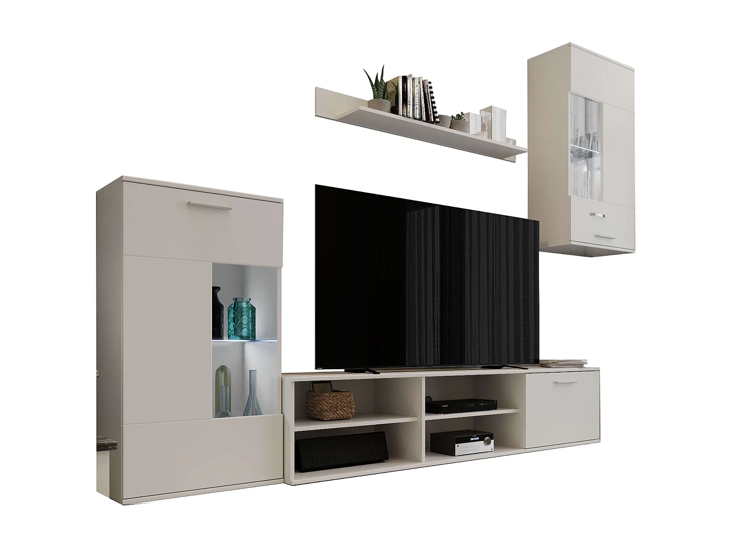 Pack Muebles Salón Cascade: Mueble TV, 2 Módulos, Estantería, Mesas Blanco Mate