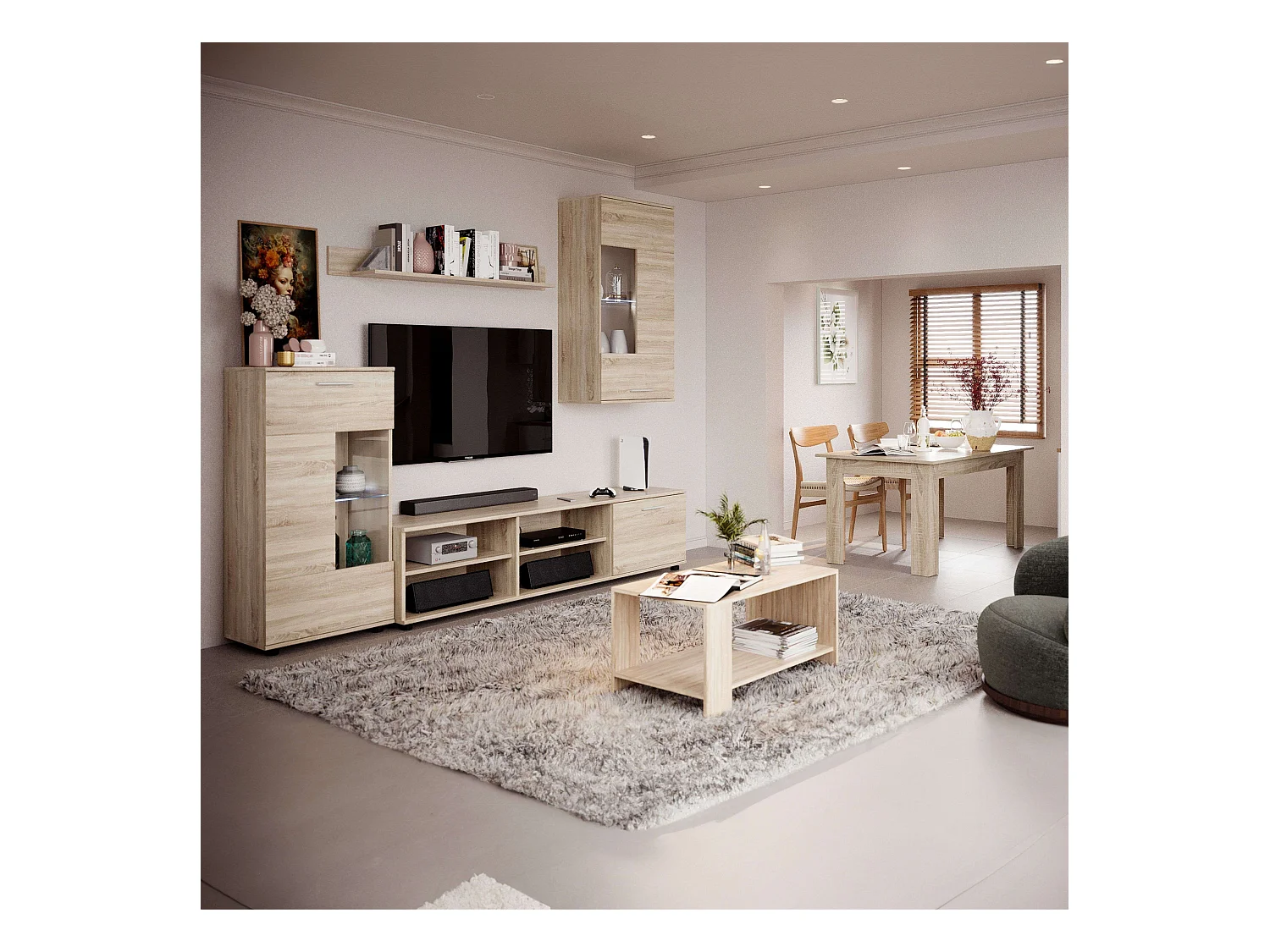 Pack Muebles Salón Cheri: Mueble TV, 2 Módulos, Estantería, Mesas Roble Sonoma