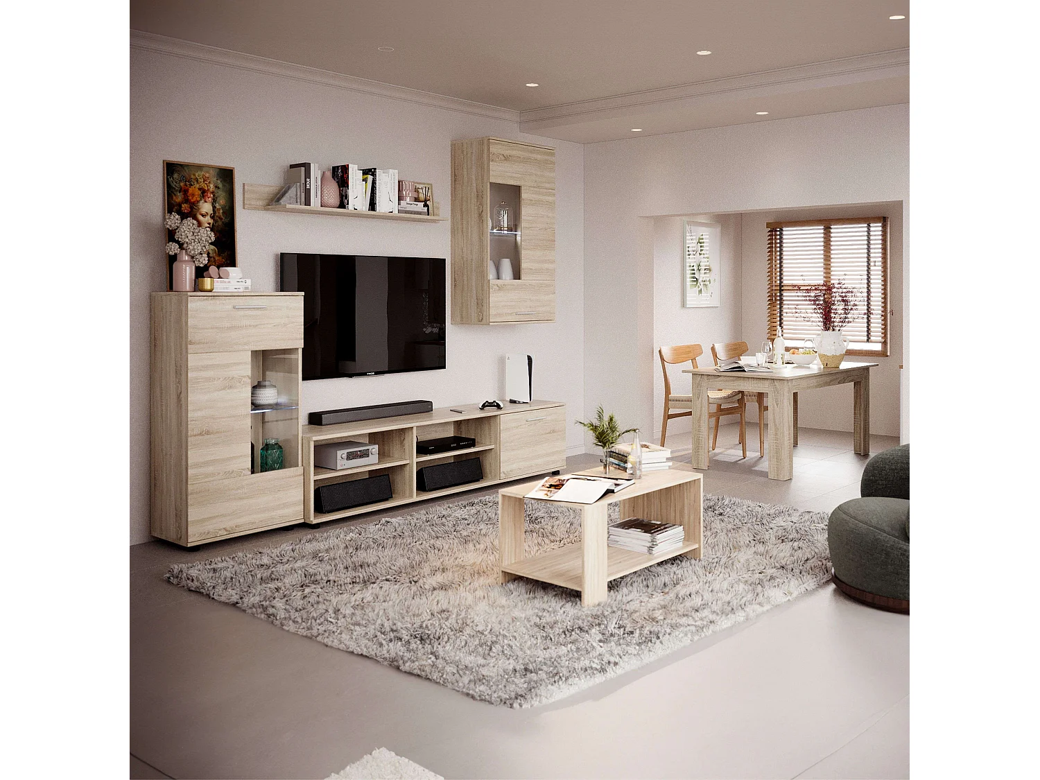 Pack Muebles Salón Cheri: Mueble TV, 2 Módulos, Estantería, Mesas Roble Sonoma