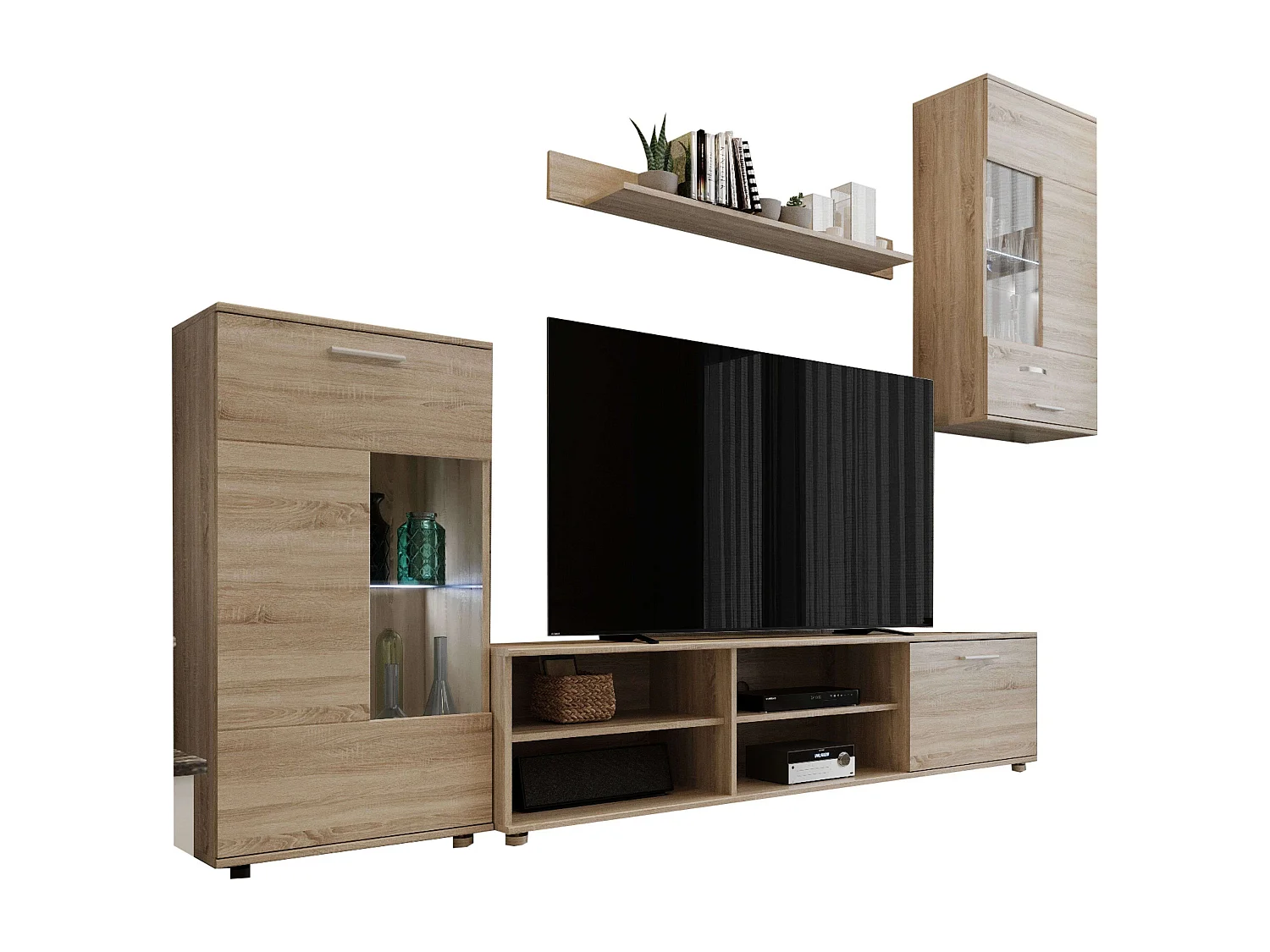 Pack Muebles Salón Cheri: Mueble TV, 2 Módulos, Estantería, Mesas Roble Sonoma
