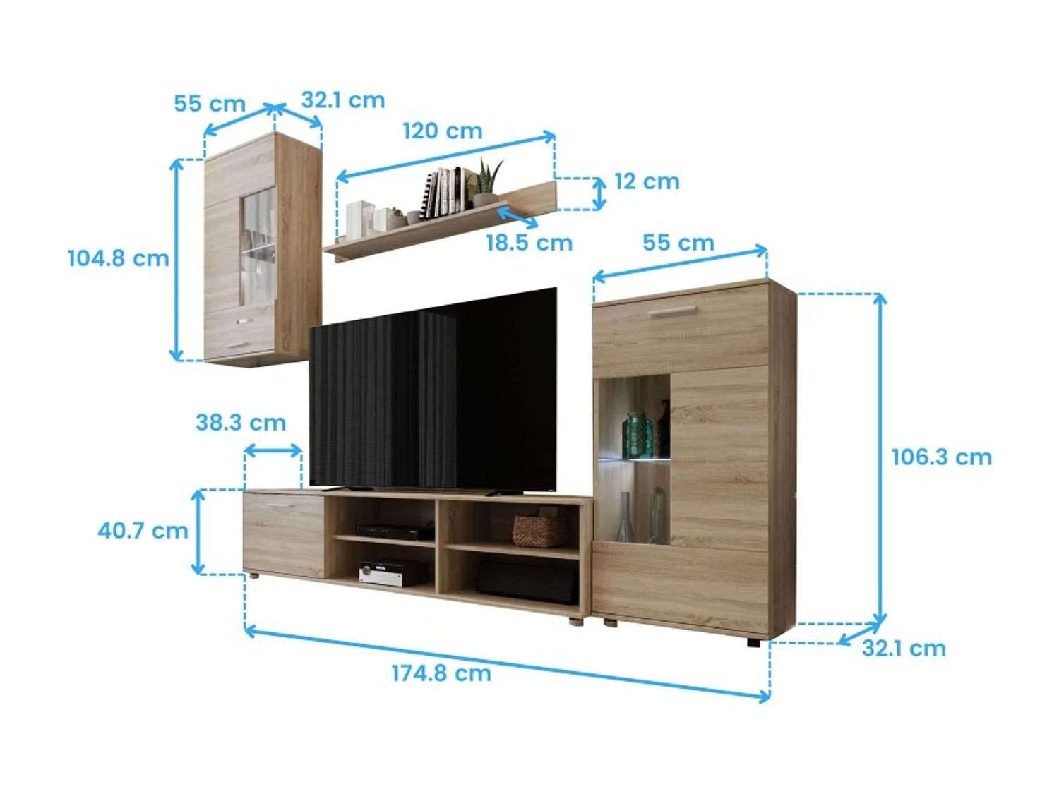 Pack Muebles Salón Cheri: Mueble TV, 2 Módulos, Estantería, Mesas Roble Sonoma