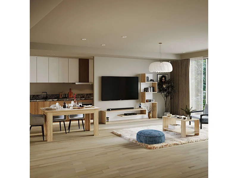 Pack Salón Snake - Mueble TV, Mesa centro y comedor, Roble Sonoma