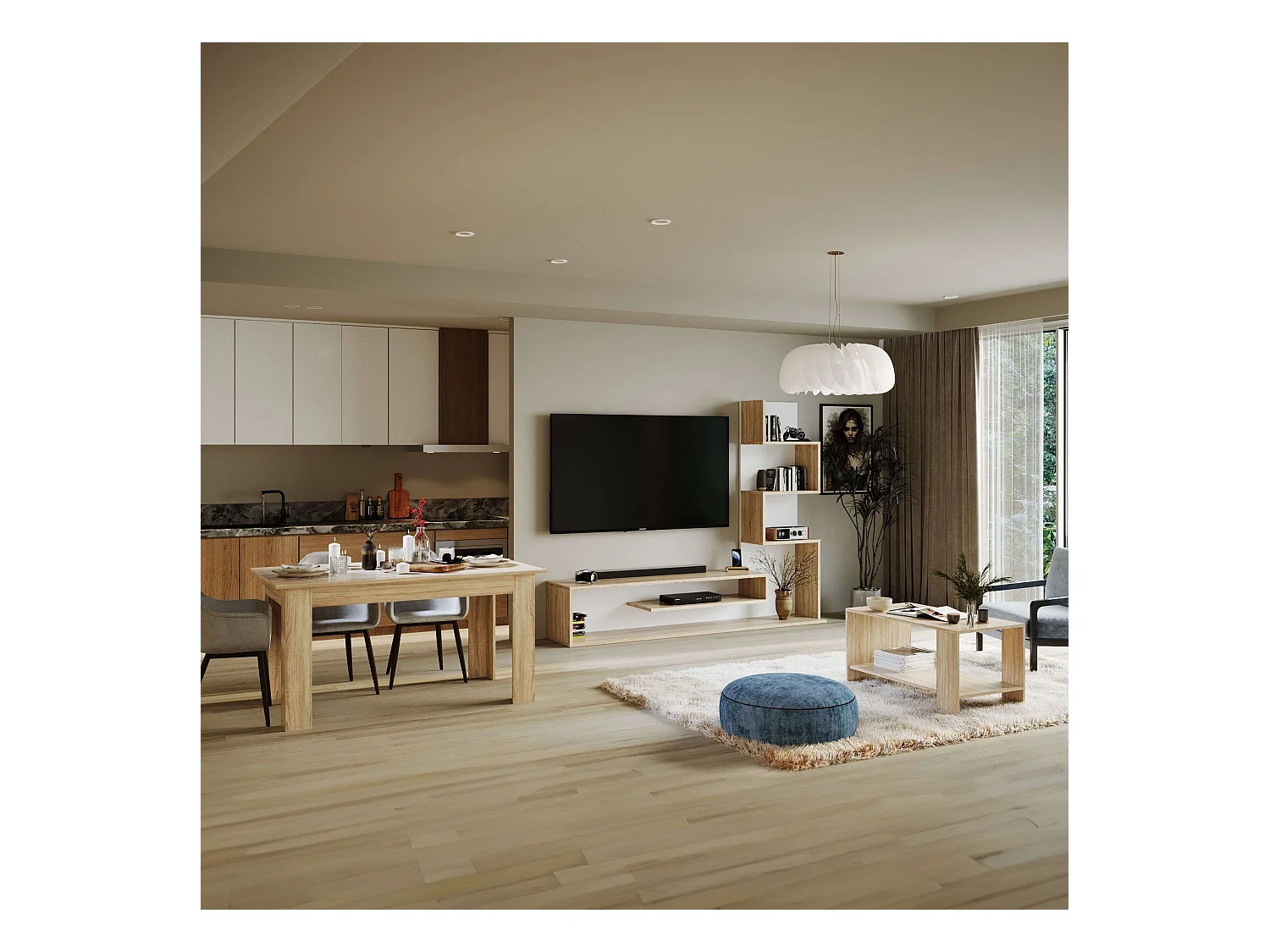 Pack Salón Snake - Mueble TV, Mesa centro y comedor, Roble Sonoma