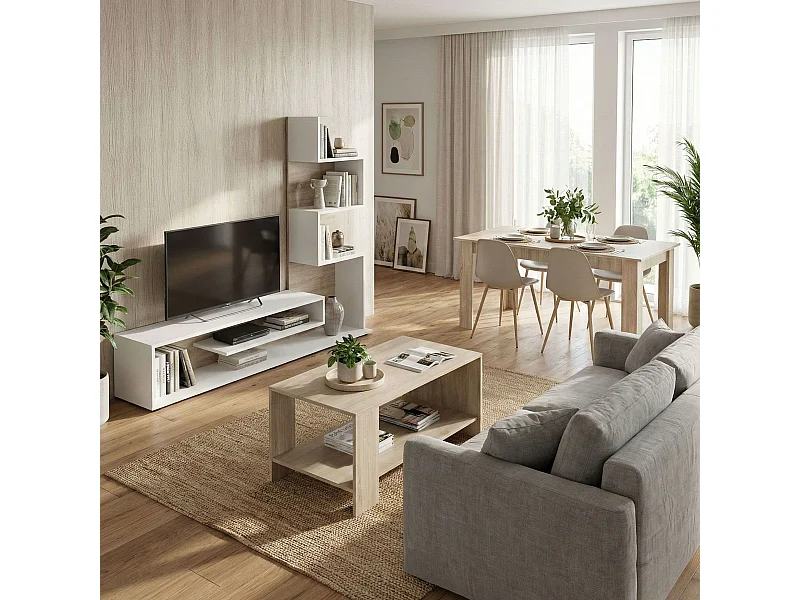 Pack Salón Snake - Mueble TV, Mesa centro y comedor, Roble Sonoma