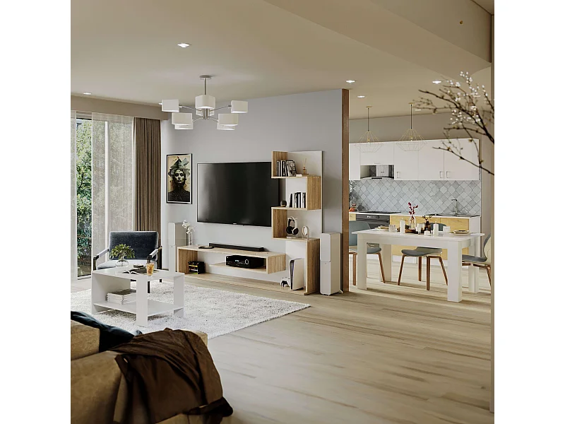 Pack Muebles Salón Snake: Mueble TV, Mesas Centro/Comedor Roble Sonoma/Nymphaea