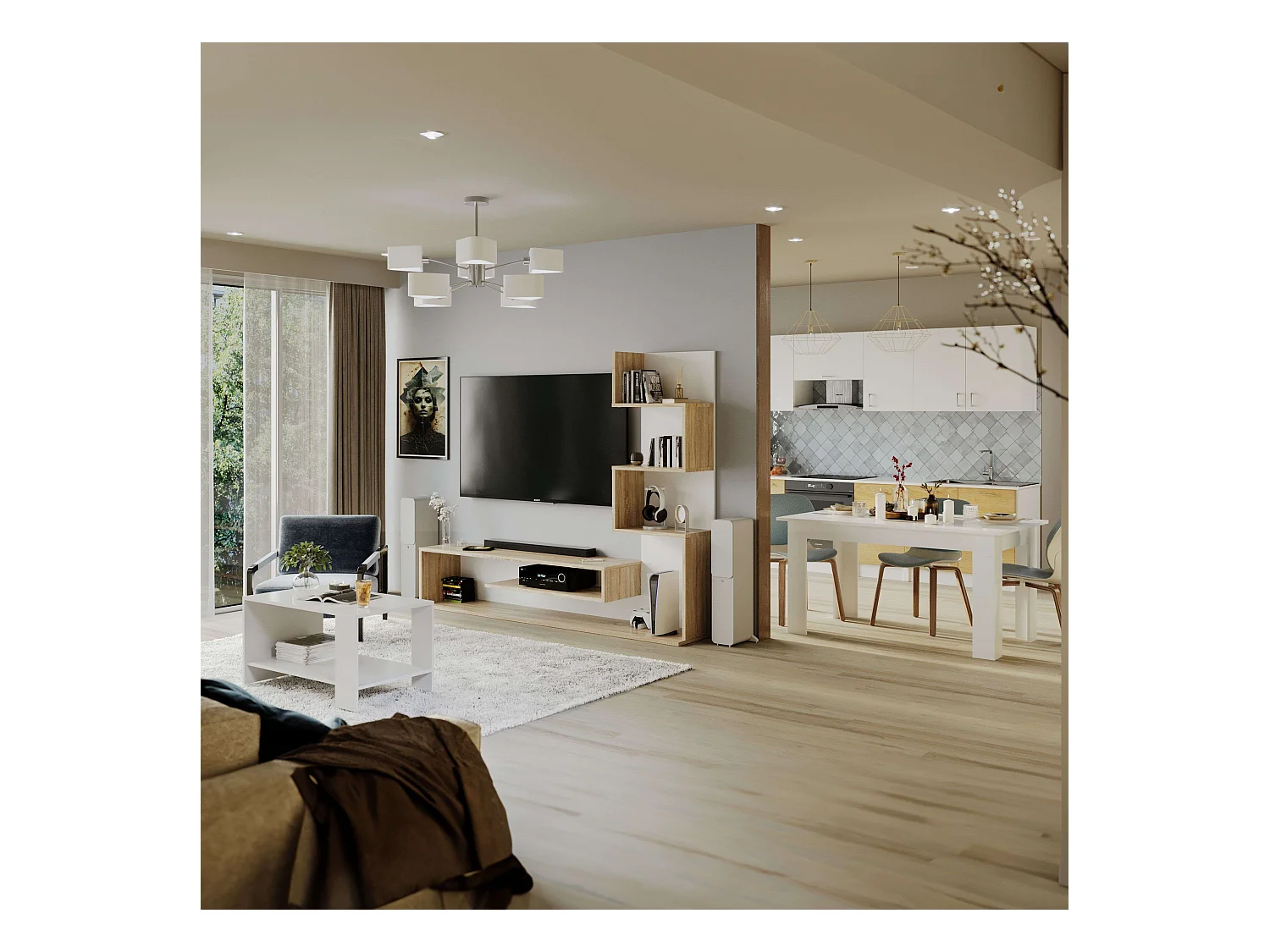 Pack Muebles Salón Snake: Mueble TV, Mesas Centro/Comedor Roble Sonoma/Nymphaea