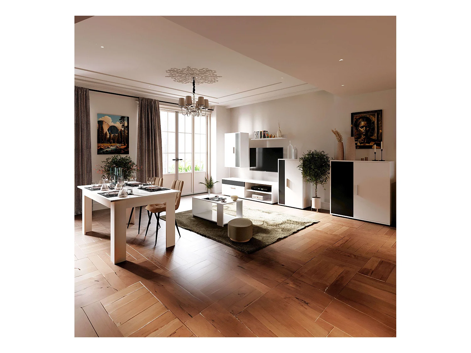 Pack Muebles Salón Rom TV: Módulos, Estantería, Aparador, Mesa Centro