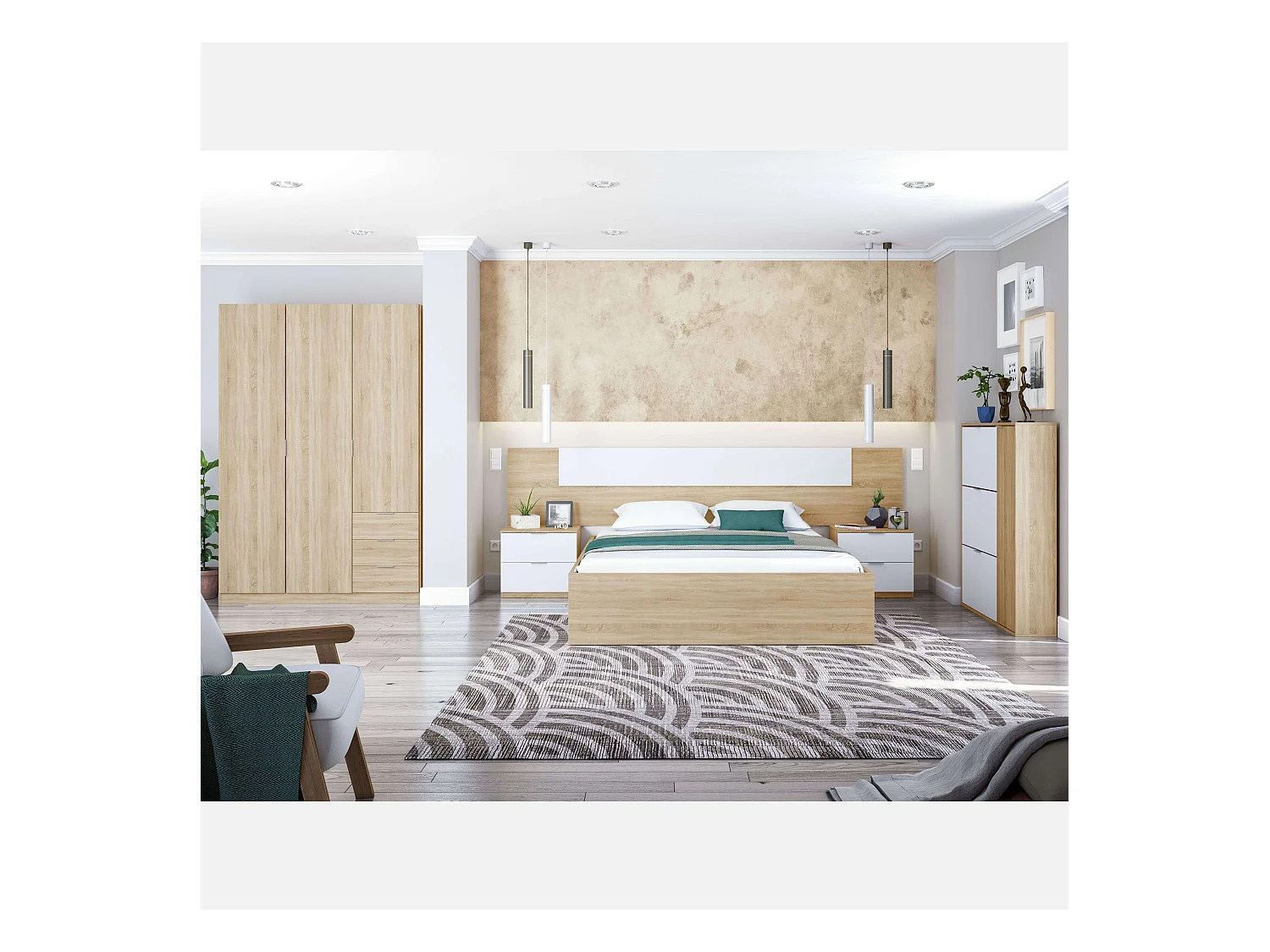 Pack Dormitorio Matrimonio Blanco y Roble Canadian: cama, armario, cabezal