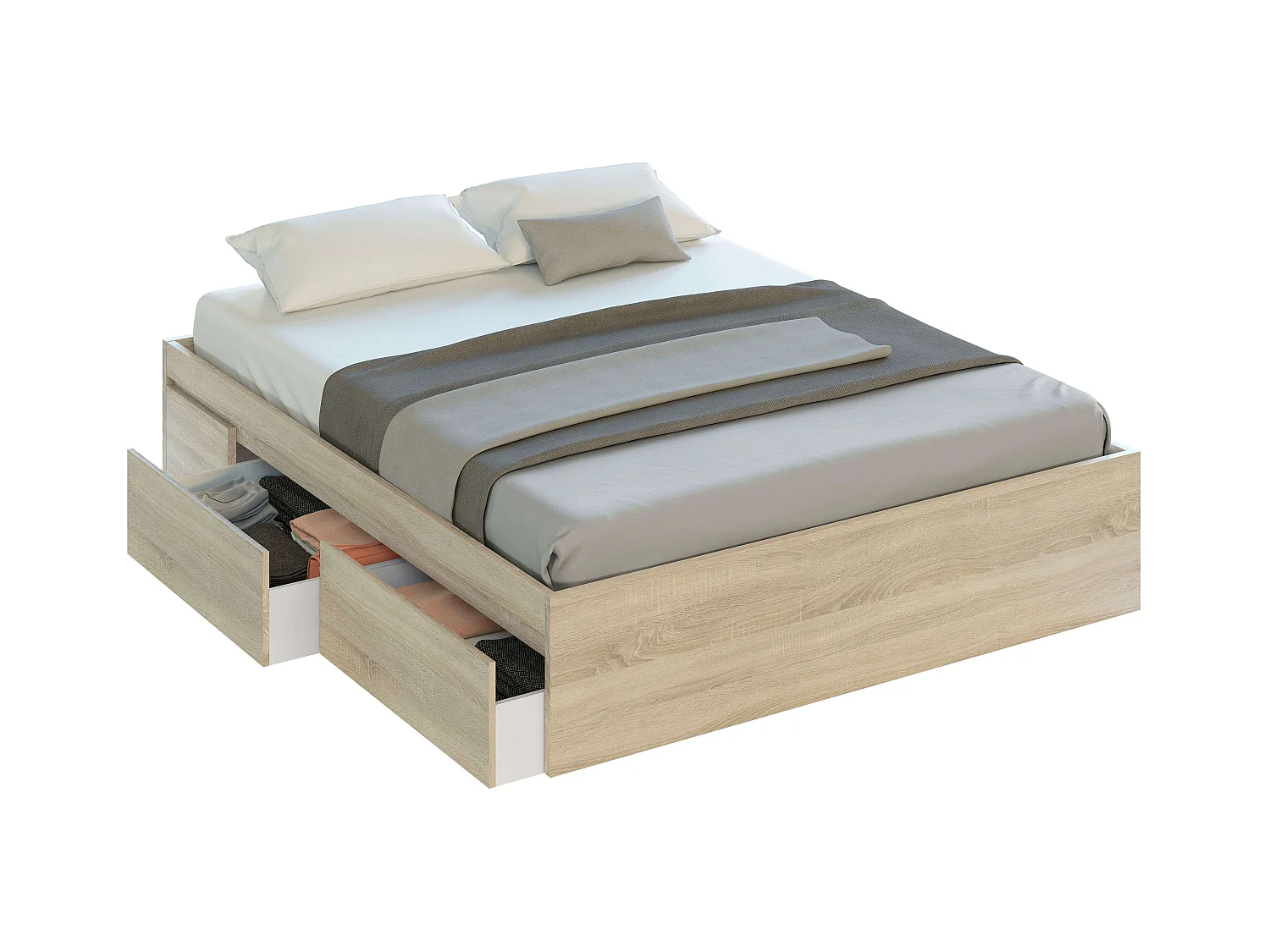 Pack Dormitorio Matrimonio Blanco y Roble Canadian: cama, armario, cabezal