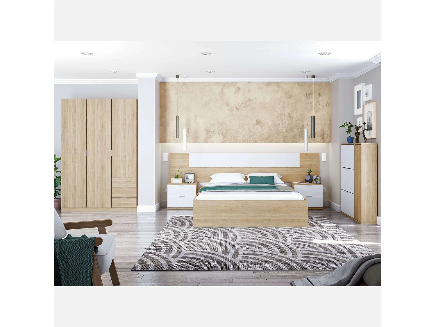 Pack Dormitorio Matrimonio Blanco y Roble Canadian: cama, armario, cabezal