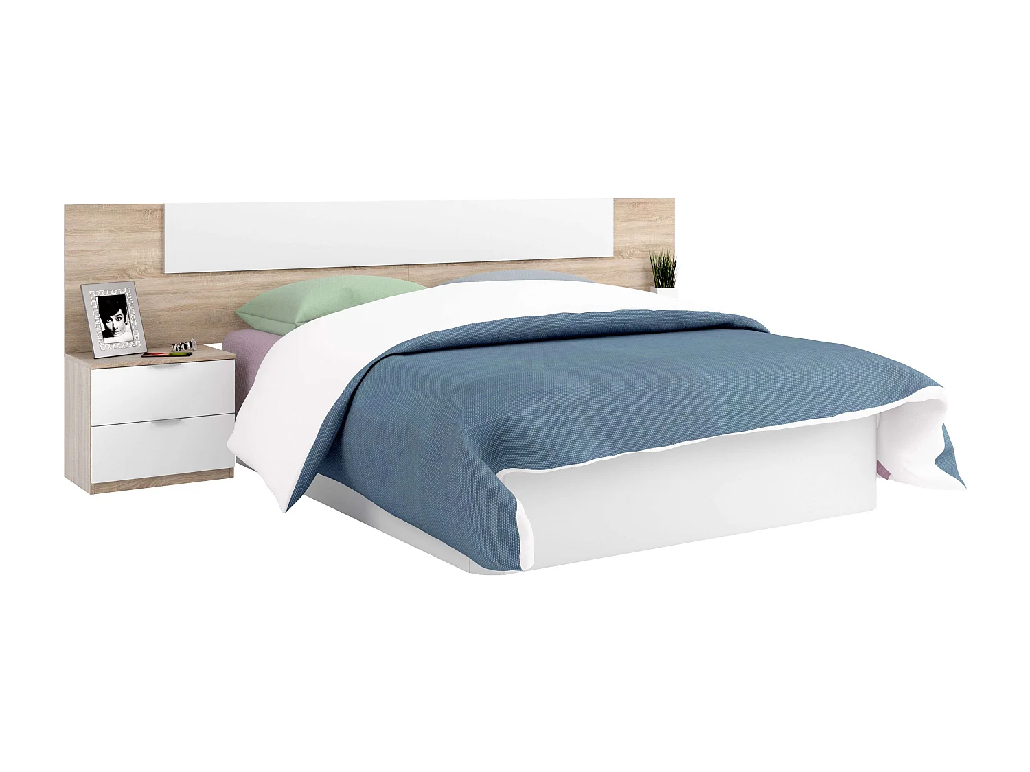 Pack Dormitorio Matrimonio Blanco y Roble Canadian: cama, armario, cabezal