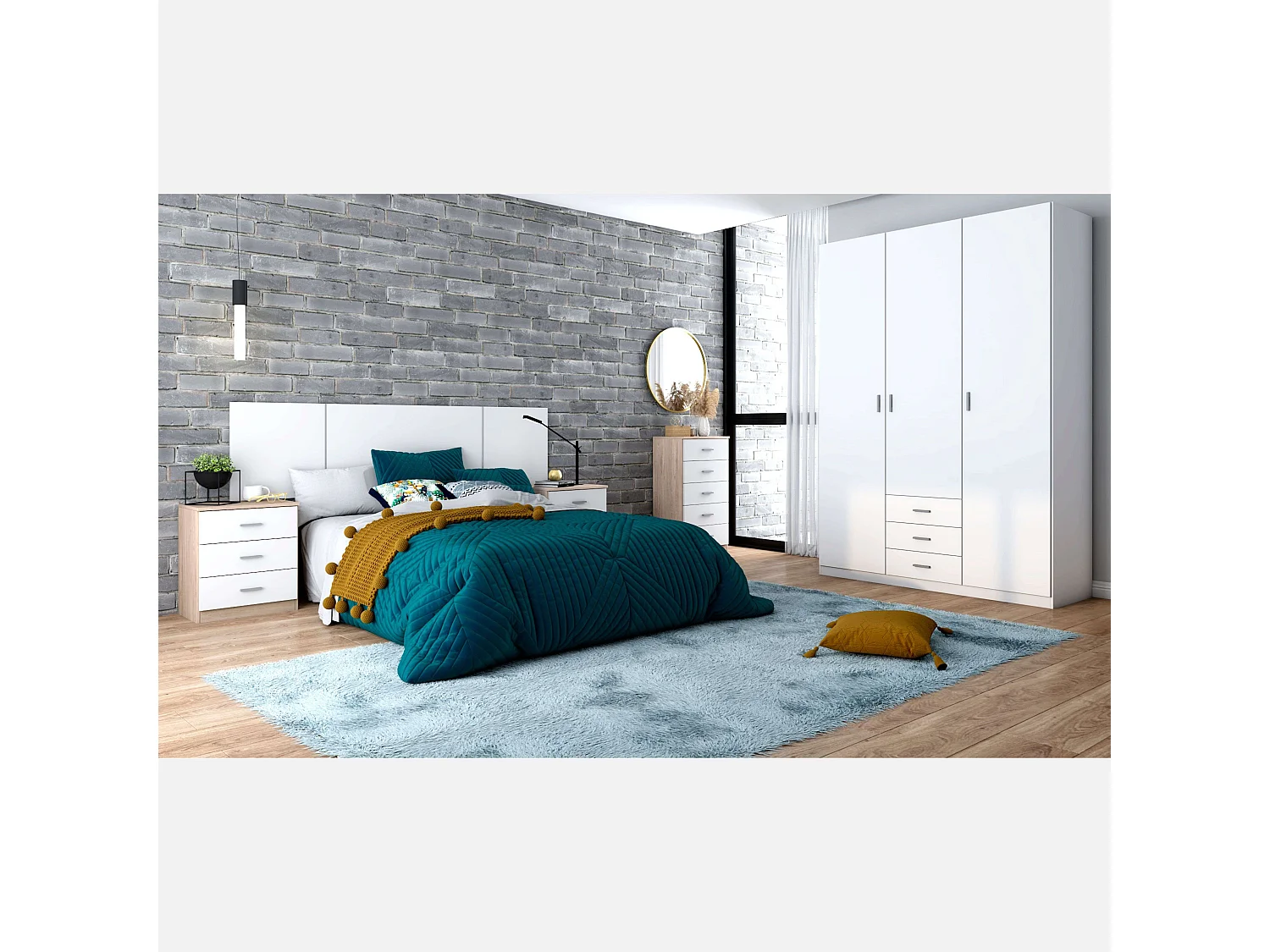 Set Habitación Principal Completo Blanco Mate y Roble Sahara