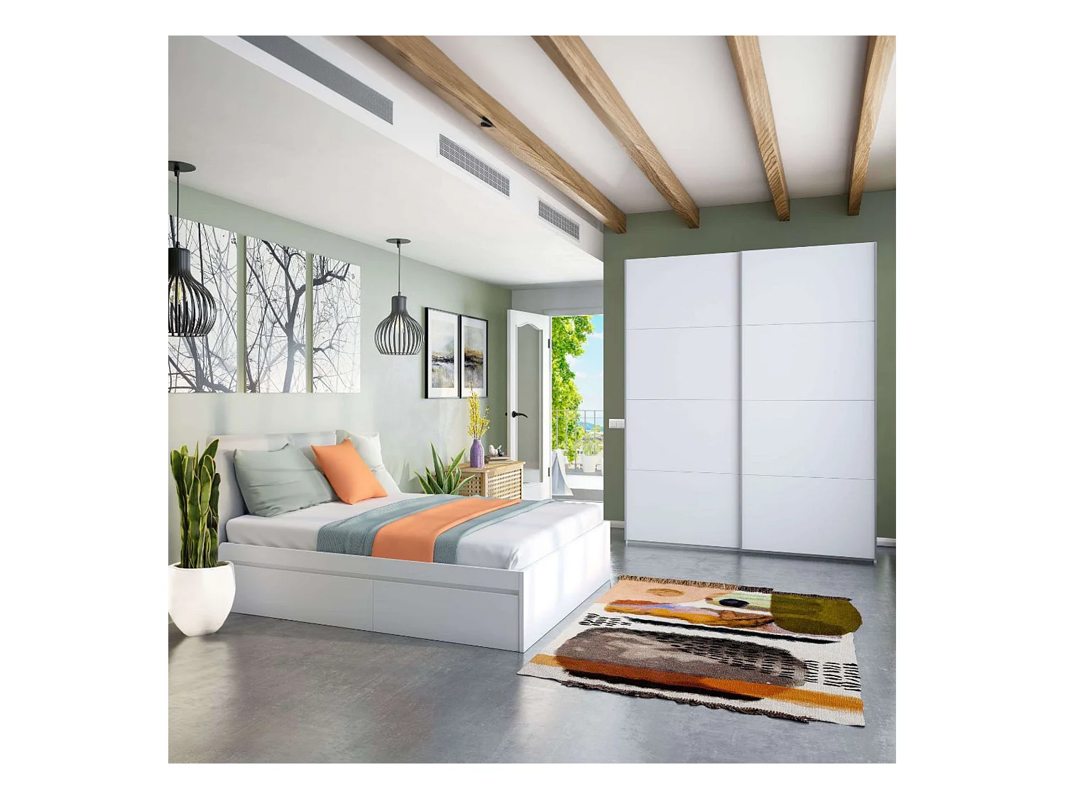 Dormitorio Doble Blanco Artik (mate), detalles gris antracita, 150 cm