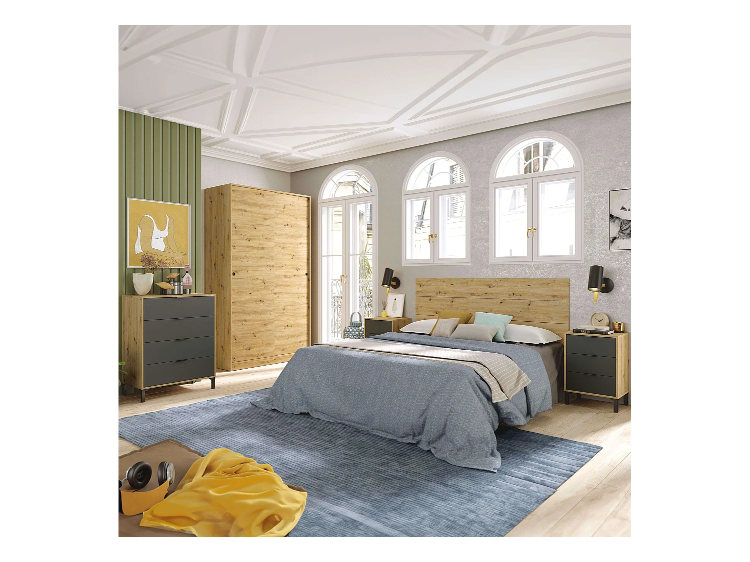 Pack Dormitorio: Cabecero 135/150 cm, 2 Mesitas, Cómoda, Armario Roble/Gris