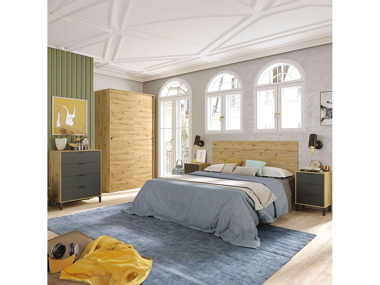 Pack Dormitorio: Cabecero 135/150 cm, 2 Mesitas, Cómoda, Armario Roble/Gris