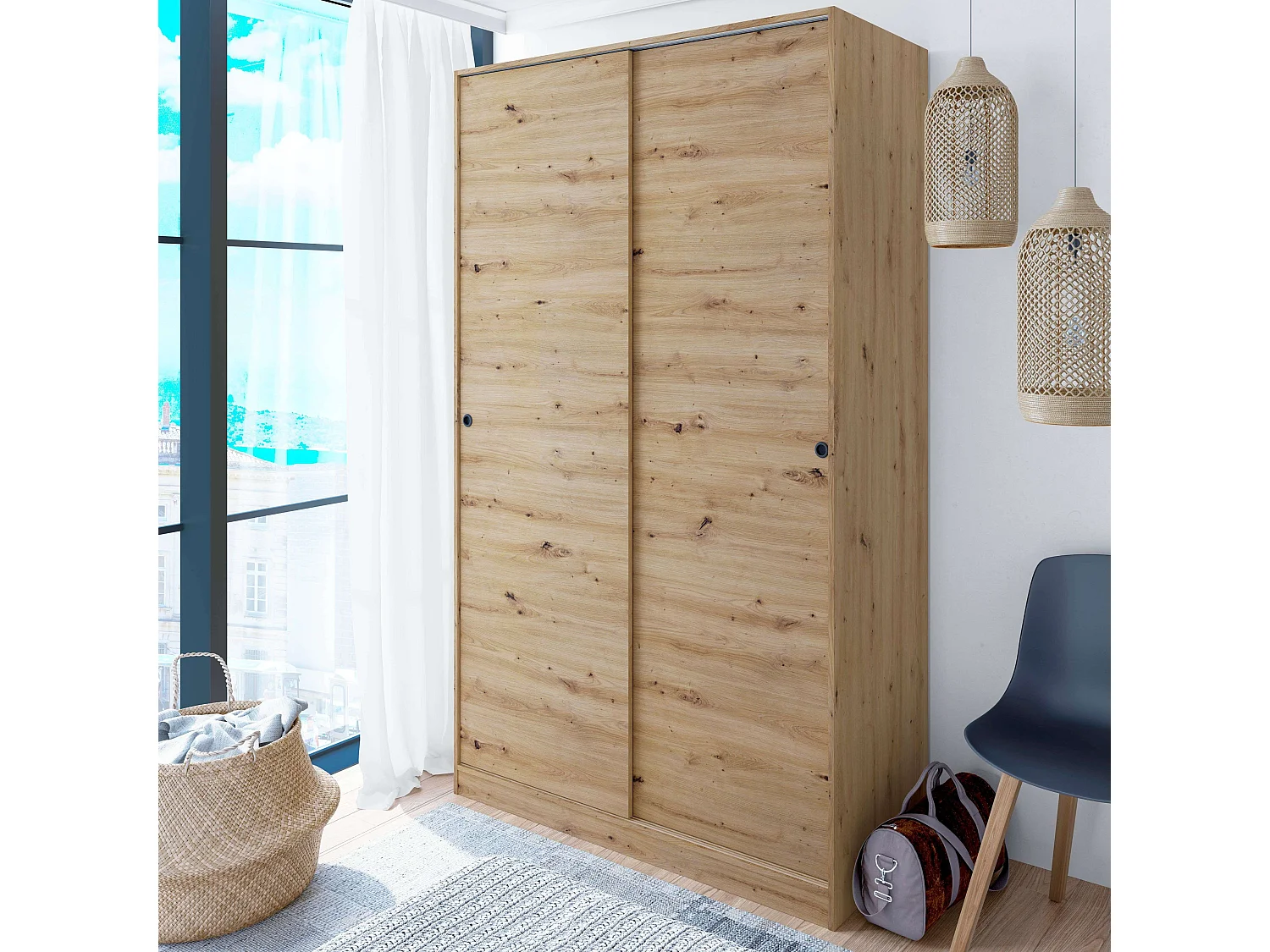 Pack Dormitorio: Cabecero 135/150 cm, 2 Mesitas, Cómoda, Armario Roble/Gris