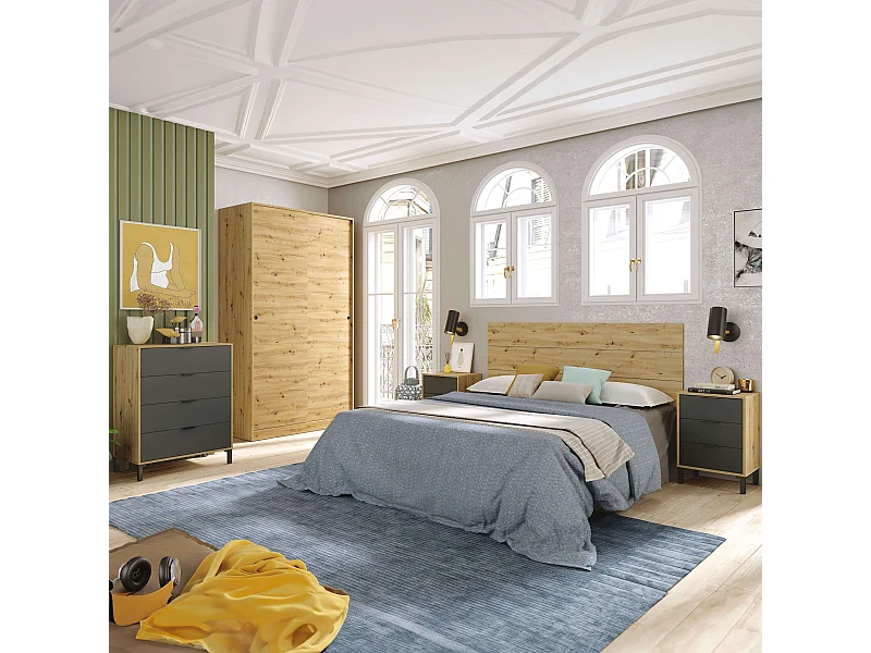 Pack Dormitorio: Cabecero 135/150 cm, 2 Mesitas, Cómoda, Armario Roble/Gris