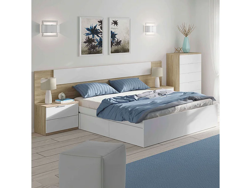 Pack Matrimonio Completo cama + cabecero + 2 mesitas + cómoda Roble y Blanco