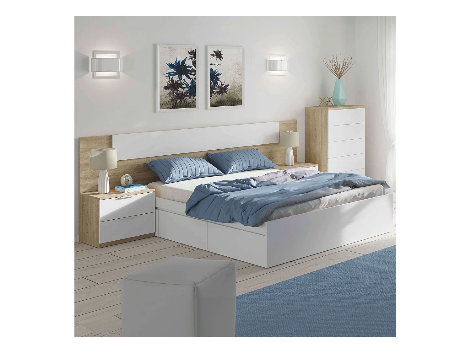 Pack Matrimonio Completo cama + cabecero + 2 mesitas + cómoda Roble y Blanco
