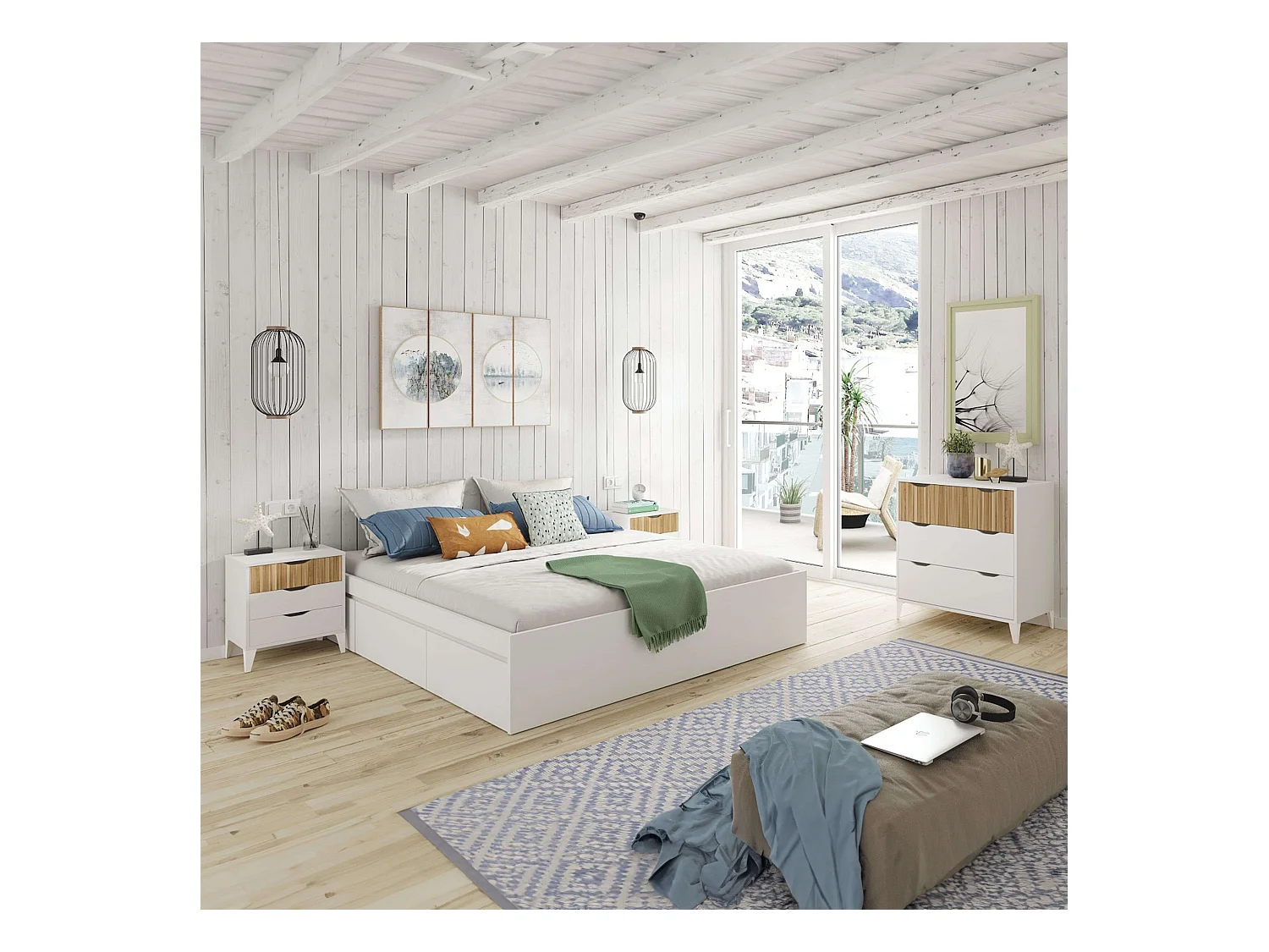 Pack Muebles Dormitorio Matrimonio Estilo Nórdico Roble y Blanco