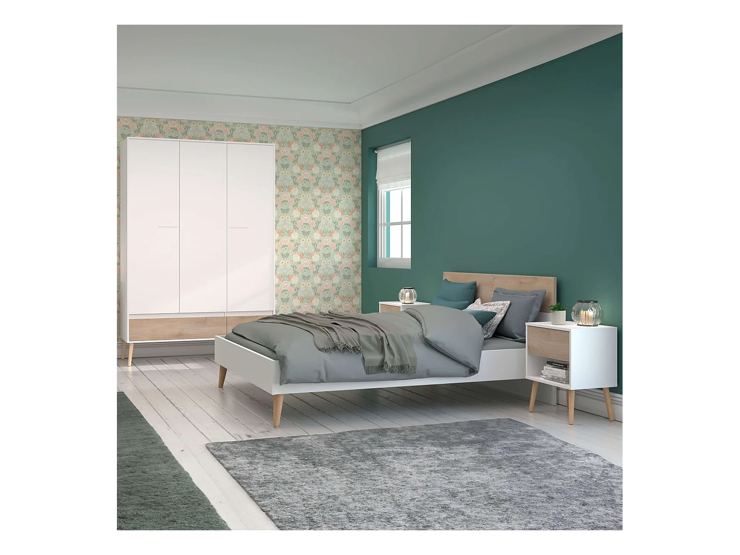 Pack Dormitorio Osaka Roble Japonés Cama 135-140x190 cm, 2 mesitas y Armario