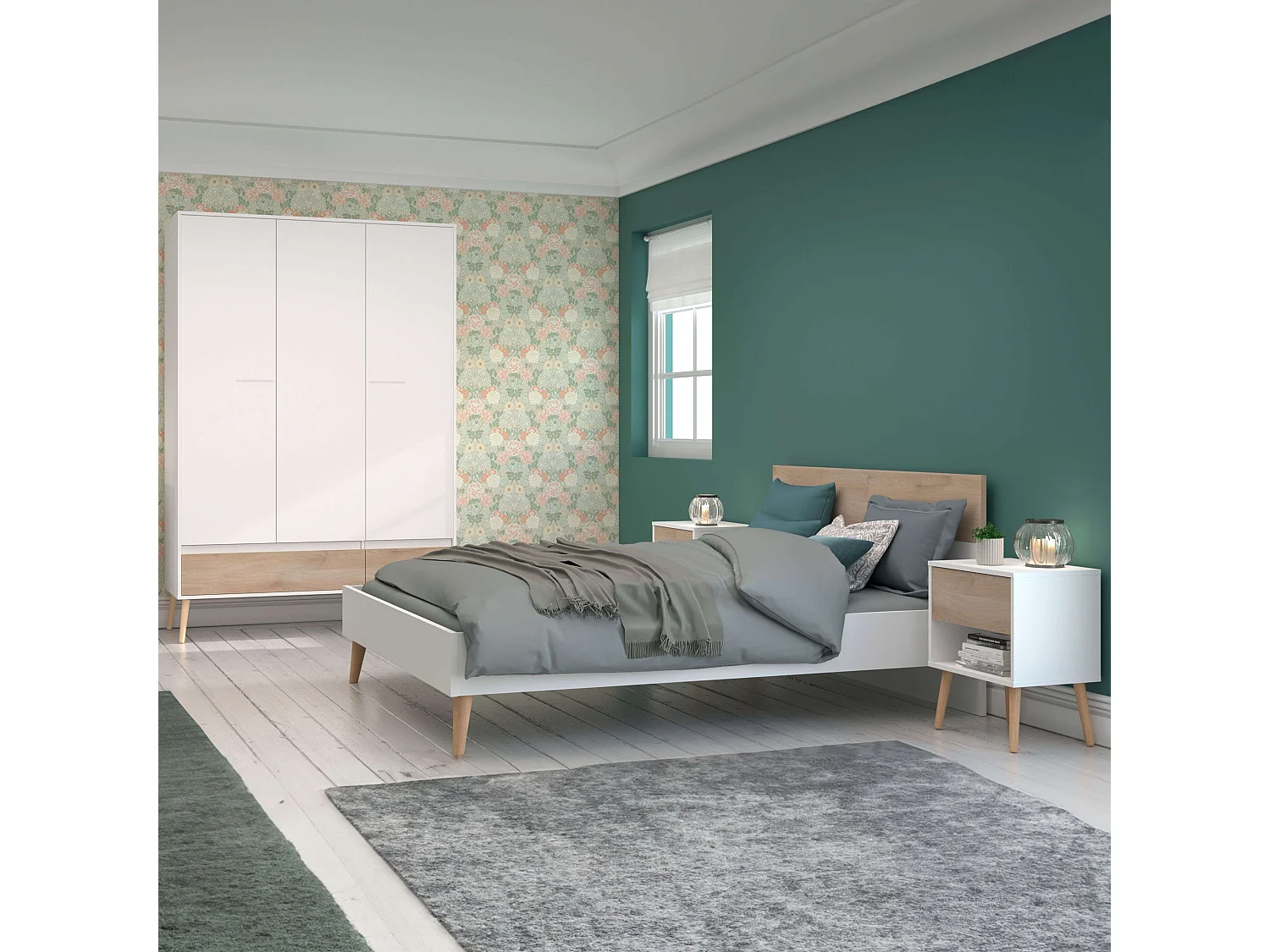 Pack Dormitorio Osaka Roble Japonés Cama 135-140x190 cm, 2 mesitas y Armario