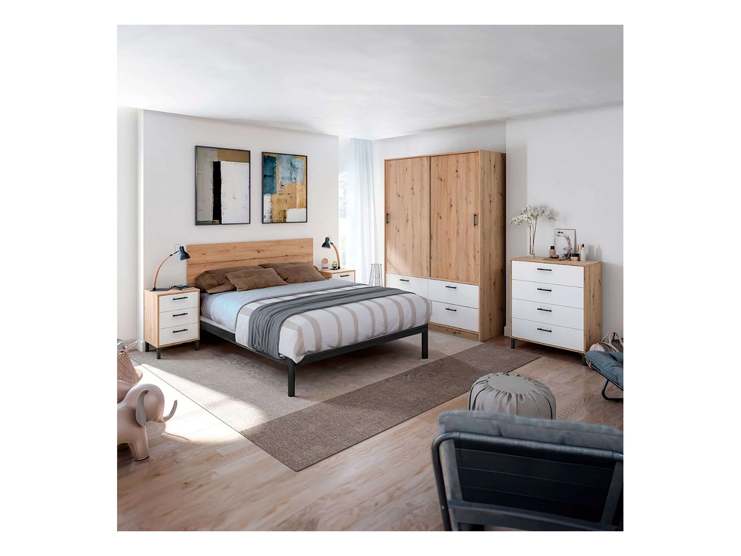 Pack Dormitorio Matrimonio Lúmina Nórdico: Cabecero, Mesitas, Cómoda, Armario