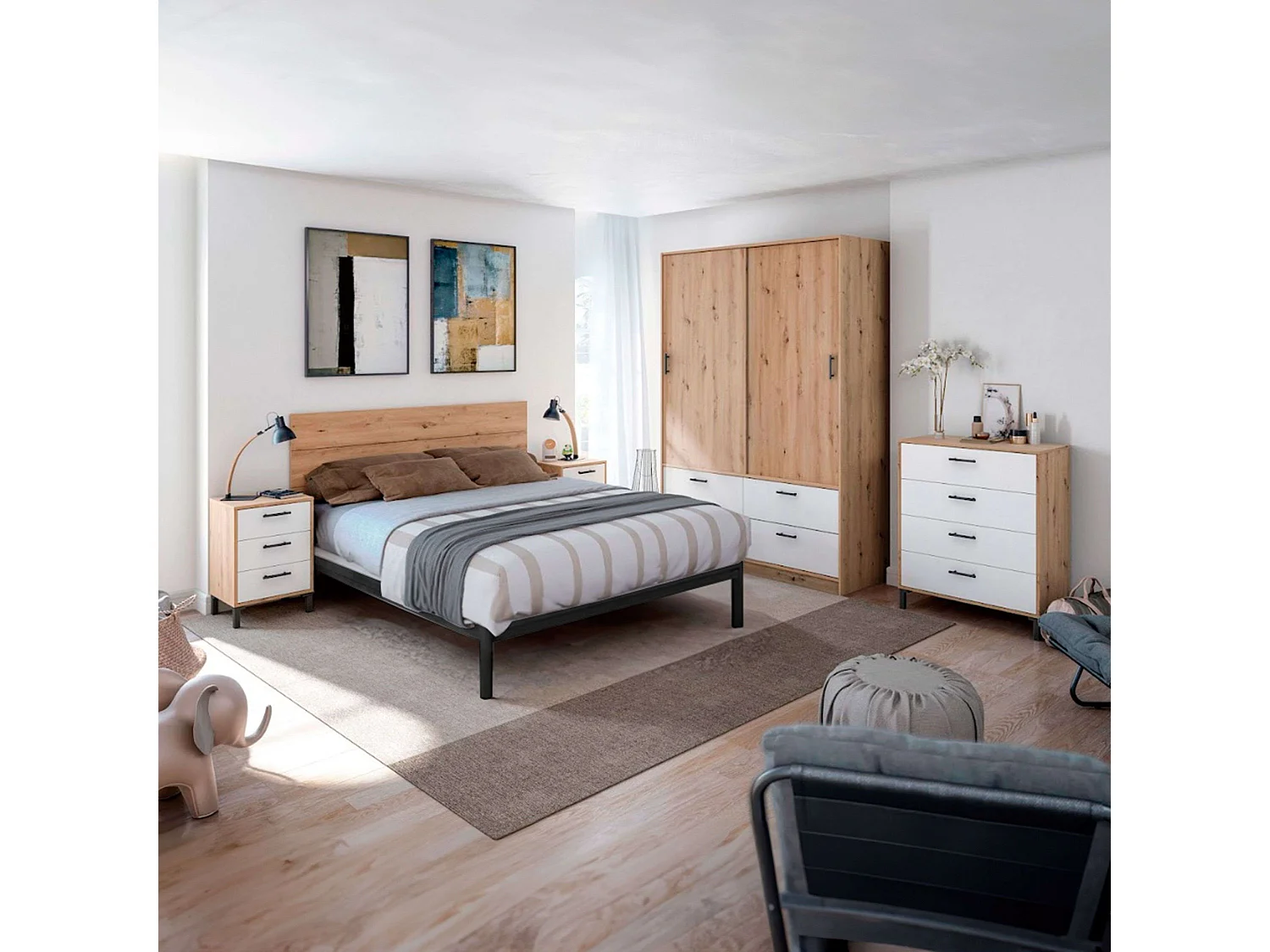 Pack Dormitorio Matrimonio Lúmina Nórdico: Cabecero, Mesitas, Cómoda, Armario