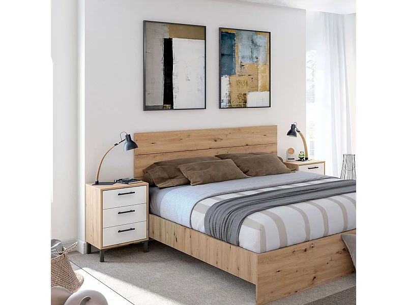 Cabeceira e mesas de cabeceira estilo nórdico em carvalho Nodi e branco Artik 240x101x33cm