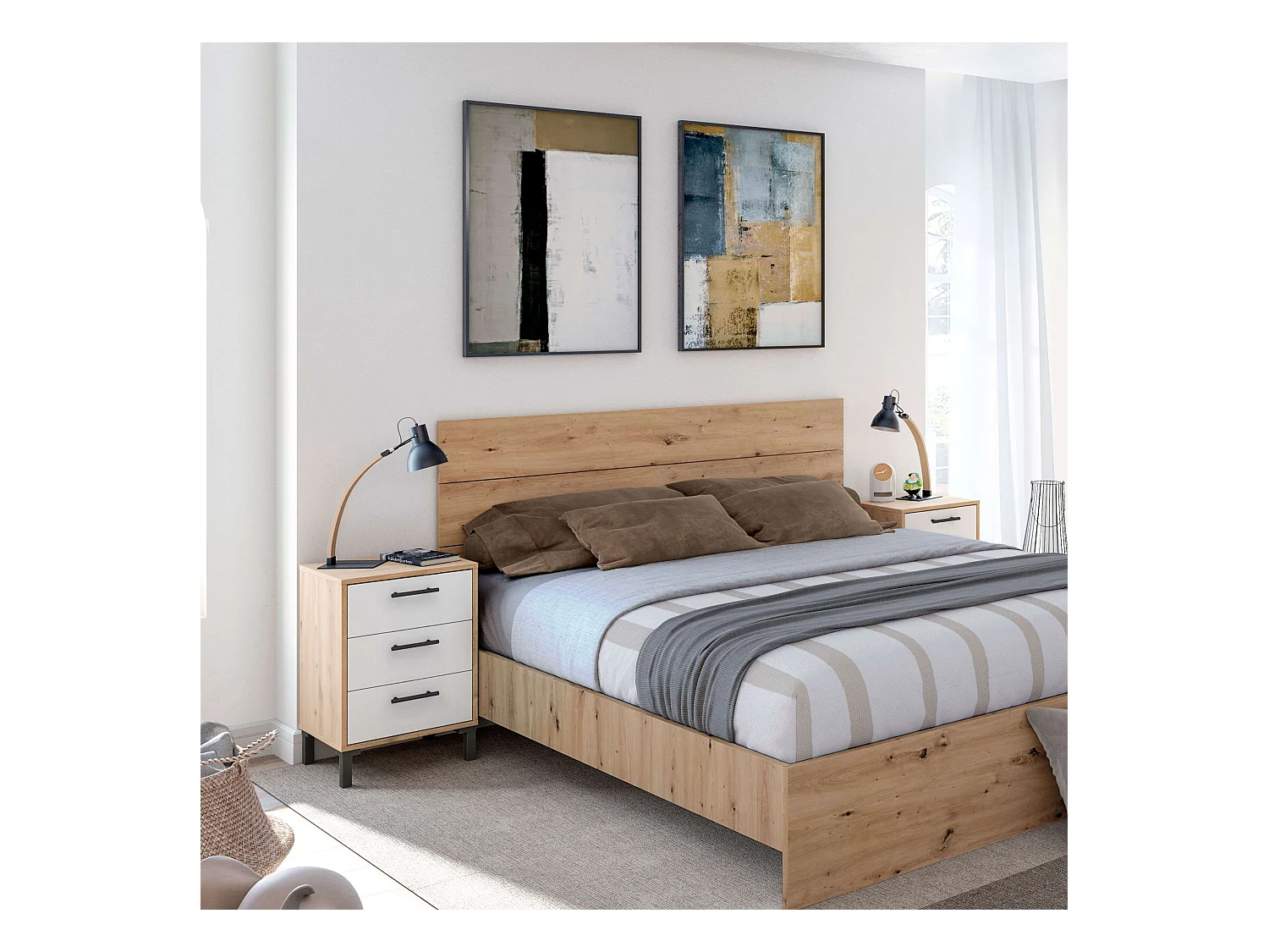 Tête de lit et tables de chevet de style nordique en chêne Nodi et blanc Artik 240 x 101 x 33 cm