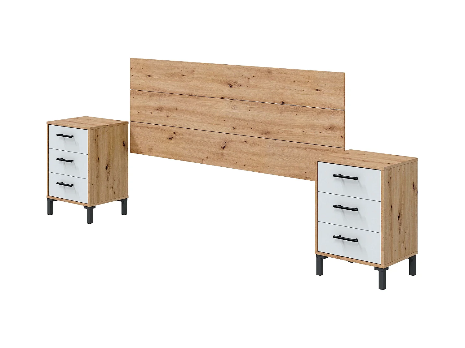 Tête de lit et tables de chevet de style nordique en chêne Nodi et blanc Artik 240 x 101 x 33 cm