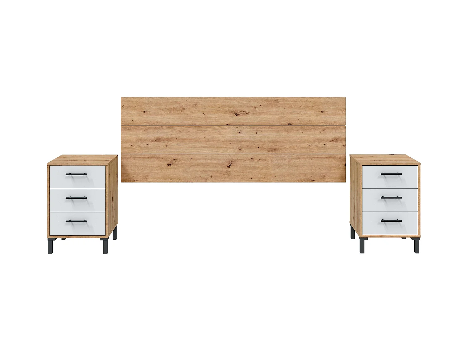 Tête de lit et tables de chevet de style nordique en chêne Nodi et blanc Artik 240 x 101 x 33 cm