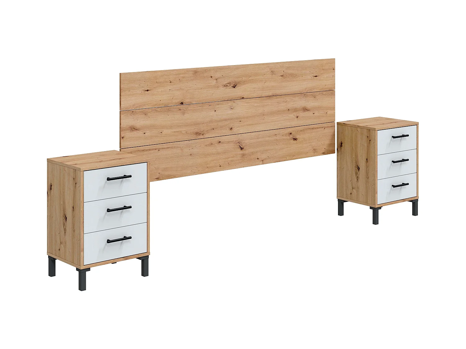 Tête de lit et tables de chevet de style nordique en chêne Nodi et blanc Artik 240 x 101 x 33 cm