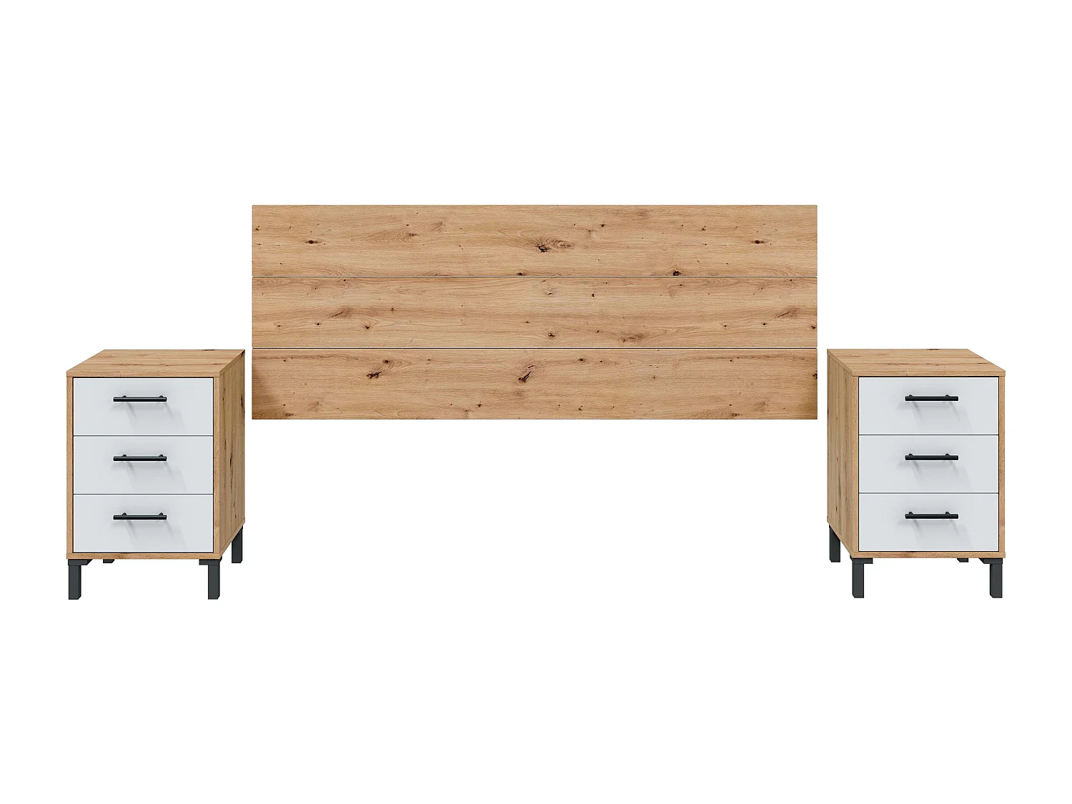 Cabecero y Mesitas Estilo Nórdico Roble Nodi y Blanco Artik 240x101x33cm