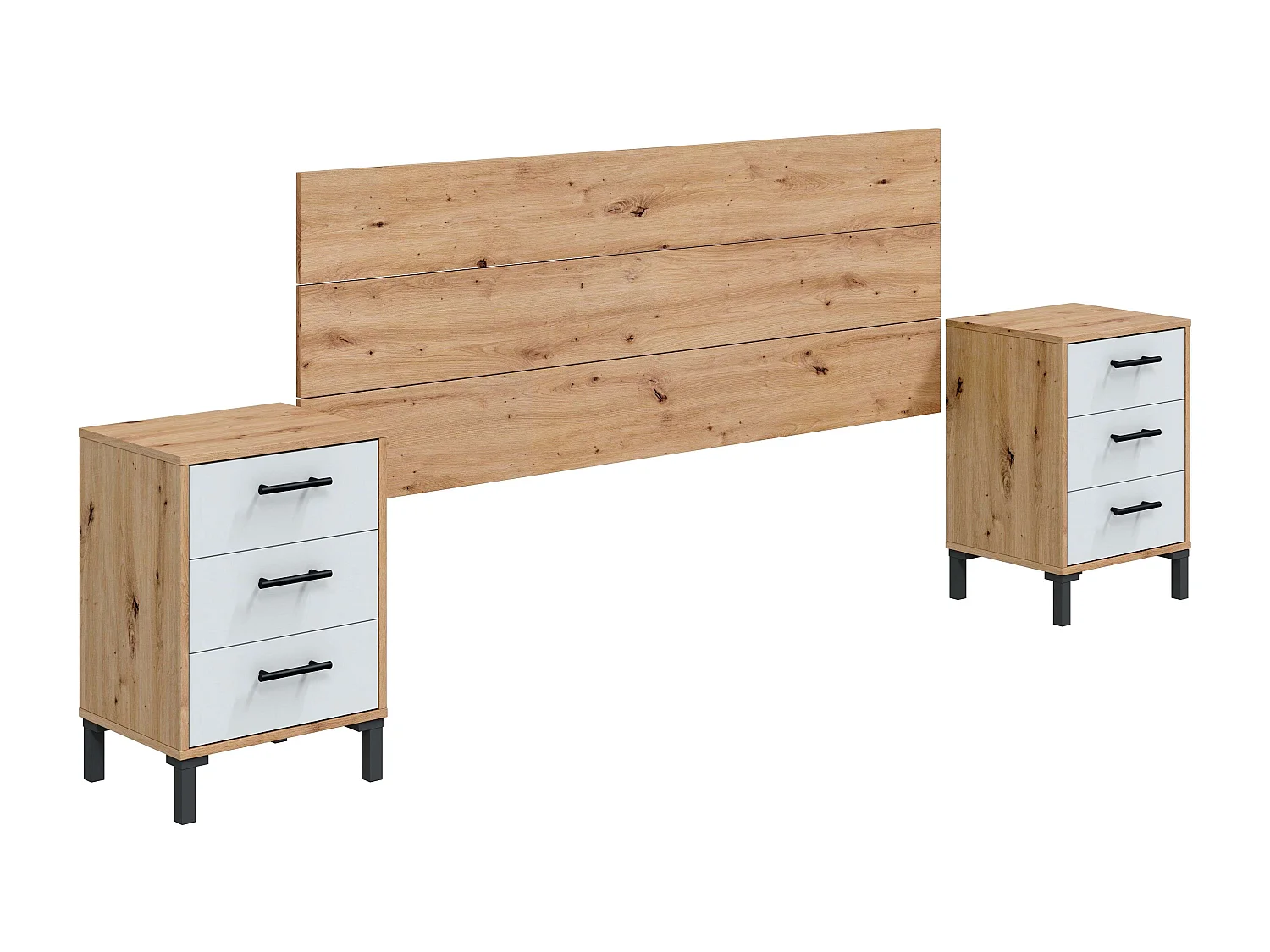 Cabecero y Mesitas Estilo Nórdico Roble Nodi y Blanco Artik 240x101x33cm