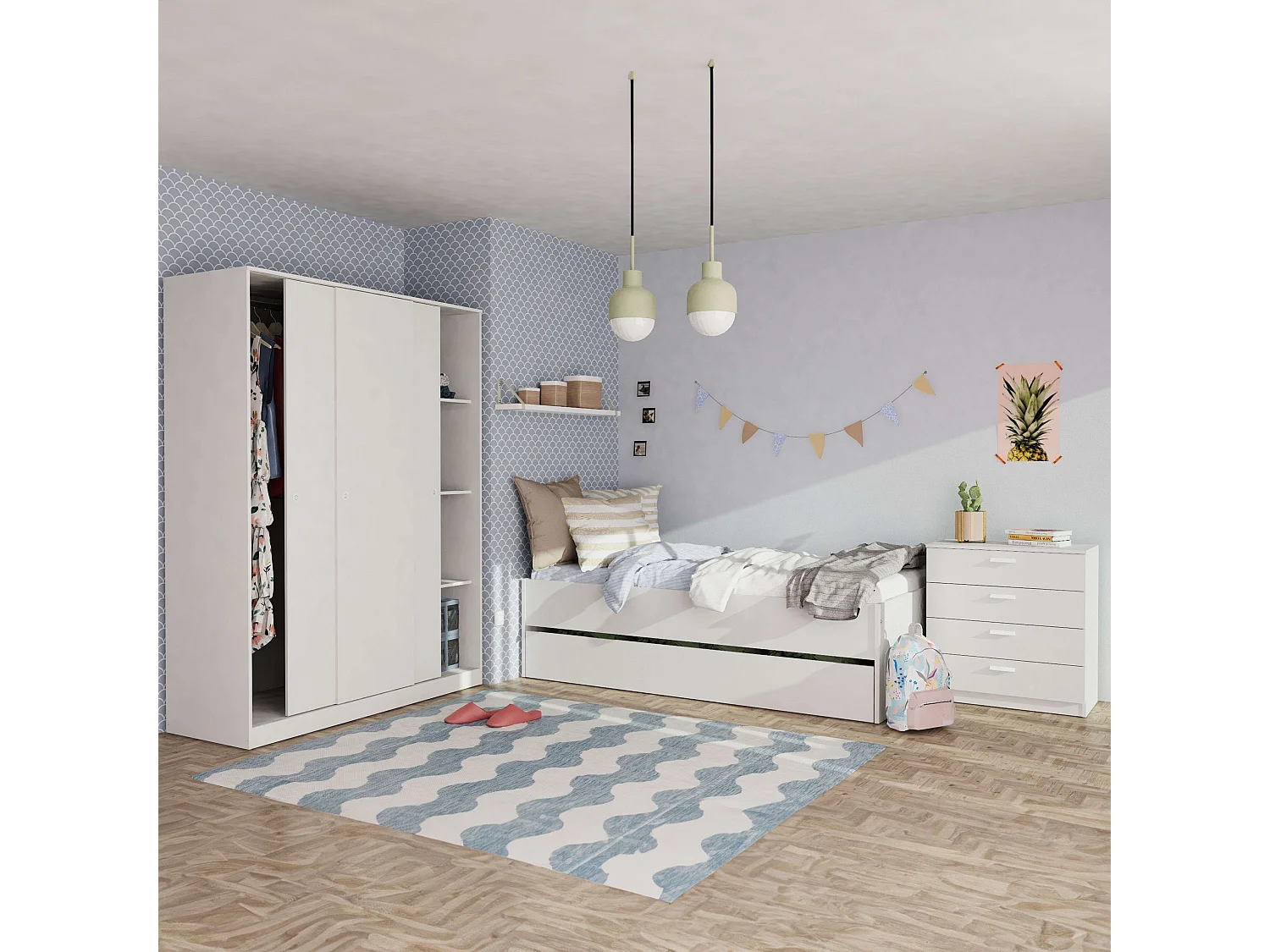 Pack Muebles Dormitorio Juvenil Tibet Blanco Mate (Cama 90 + Armario + Cómoda)