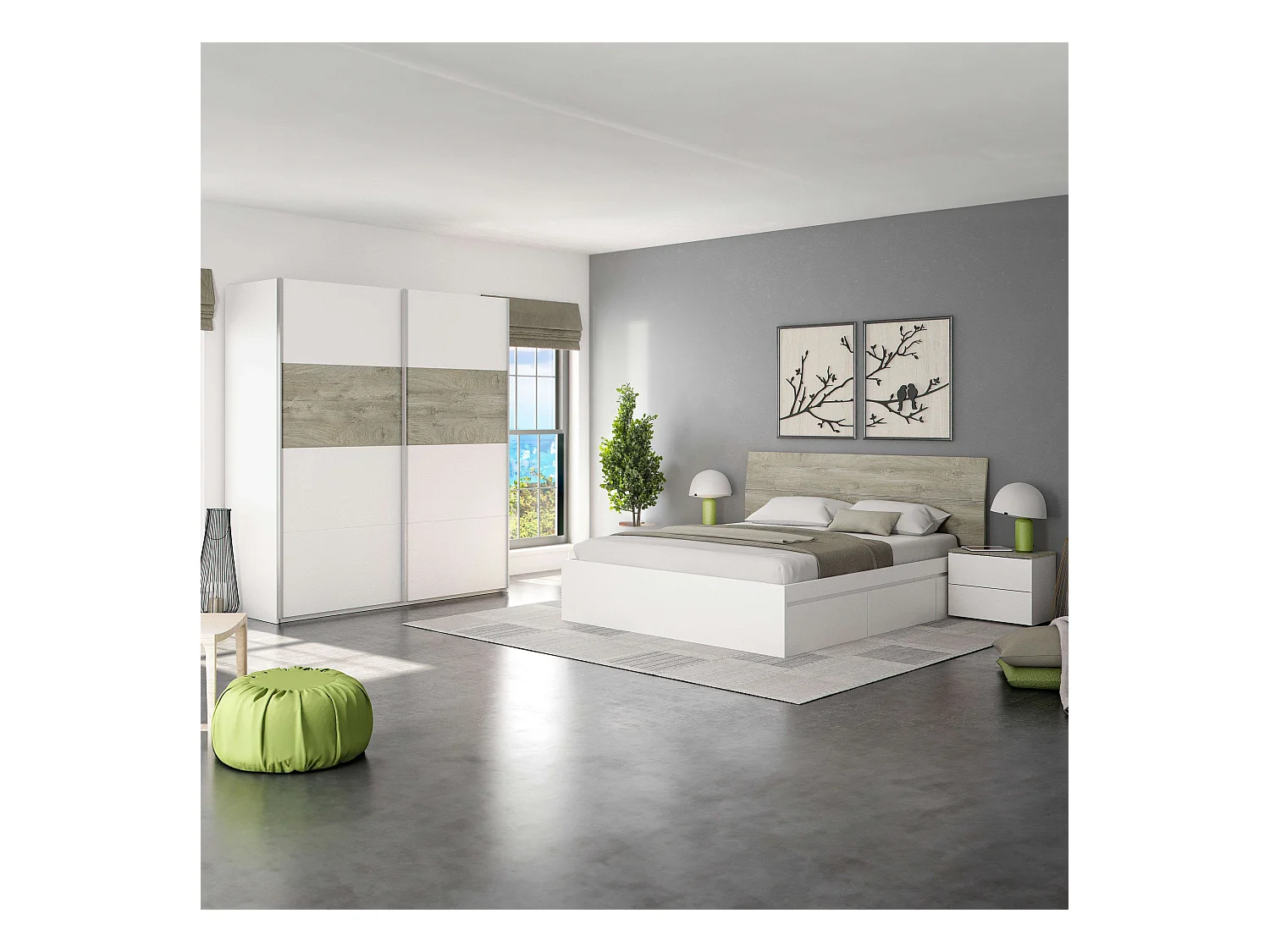 Pack Dormitorio Completo Roble Alaska Blanco (Cama, Cabecero, Mesitas, Armario)