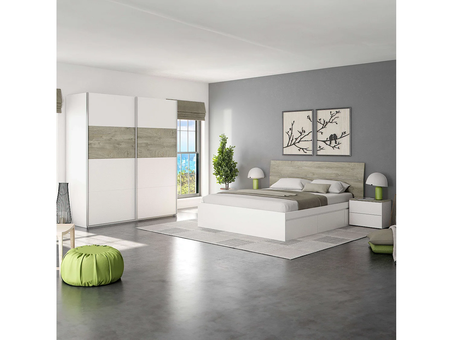 Pack Dormitorio Completo Roble Alaska Blanco (Cama, Cabecero, Mesitas, Armario)