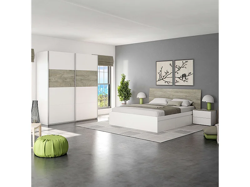 Pack Dormitorio Completo Roble Alaska Blanco (Cama, Cabecero, Mesitas, Armario)