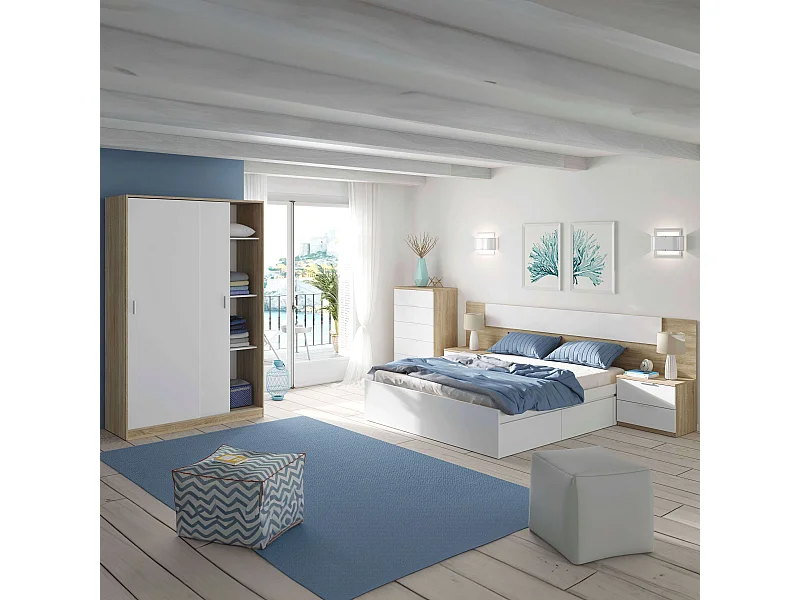 Pack Dormitorio Alaya Blanco y Roble 150cm (cama+cabecero+2 Mesas+arm.)