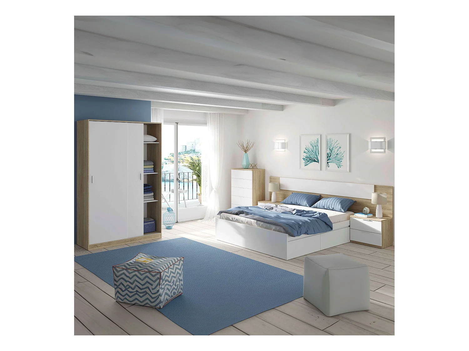 Pack Dormitorio Alaya Blanco y Roble 150cm (cama+cabecero+2 Mesas+arm.)