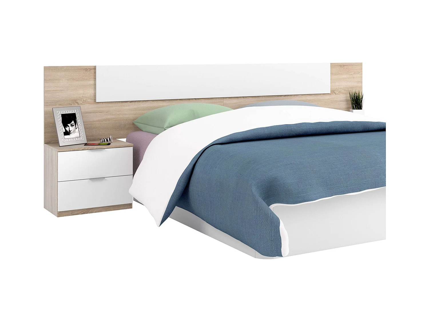Pack Dormitorio Alaya Blanco y Roble 150cm (cama+cabecero+2 Mesas+arm.)