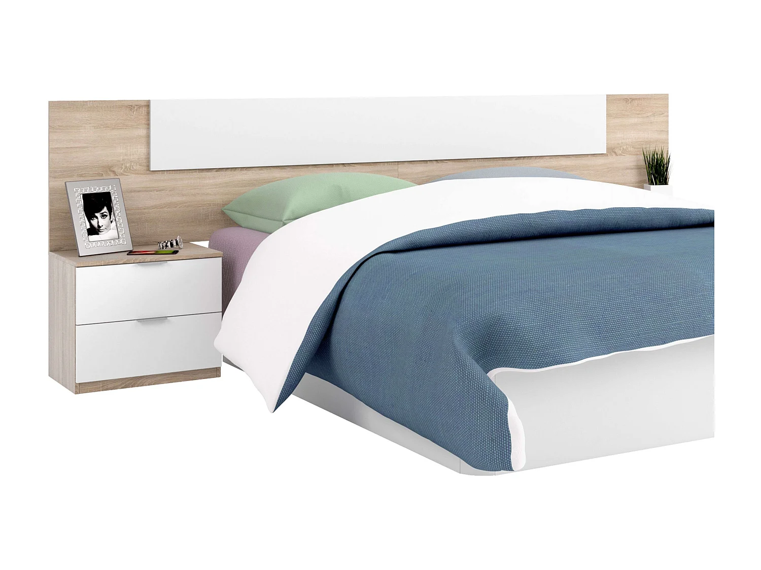 Pack Dormitorio Alaya Blanco y Roble 150cm (cama+cabecero+2 Mesas+arm.)