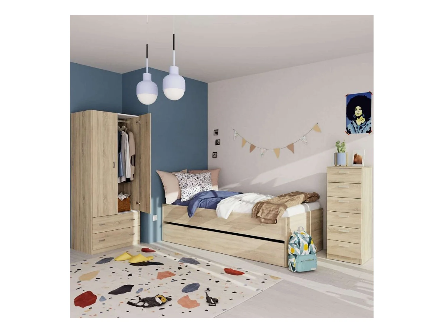 Pack Muebles Dormitorio Juvenil Tibet Roble (Cama 90x190 + Armario + Cómoda)