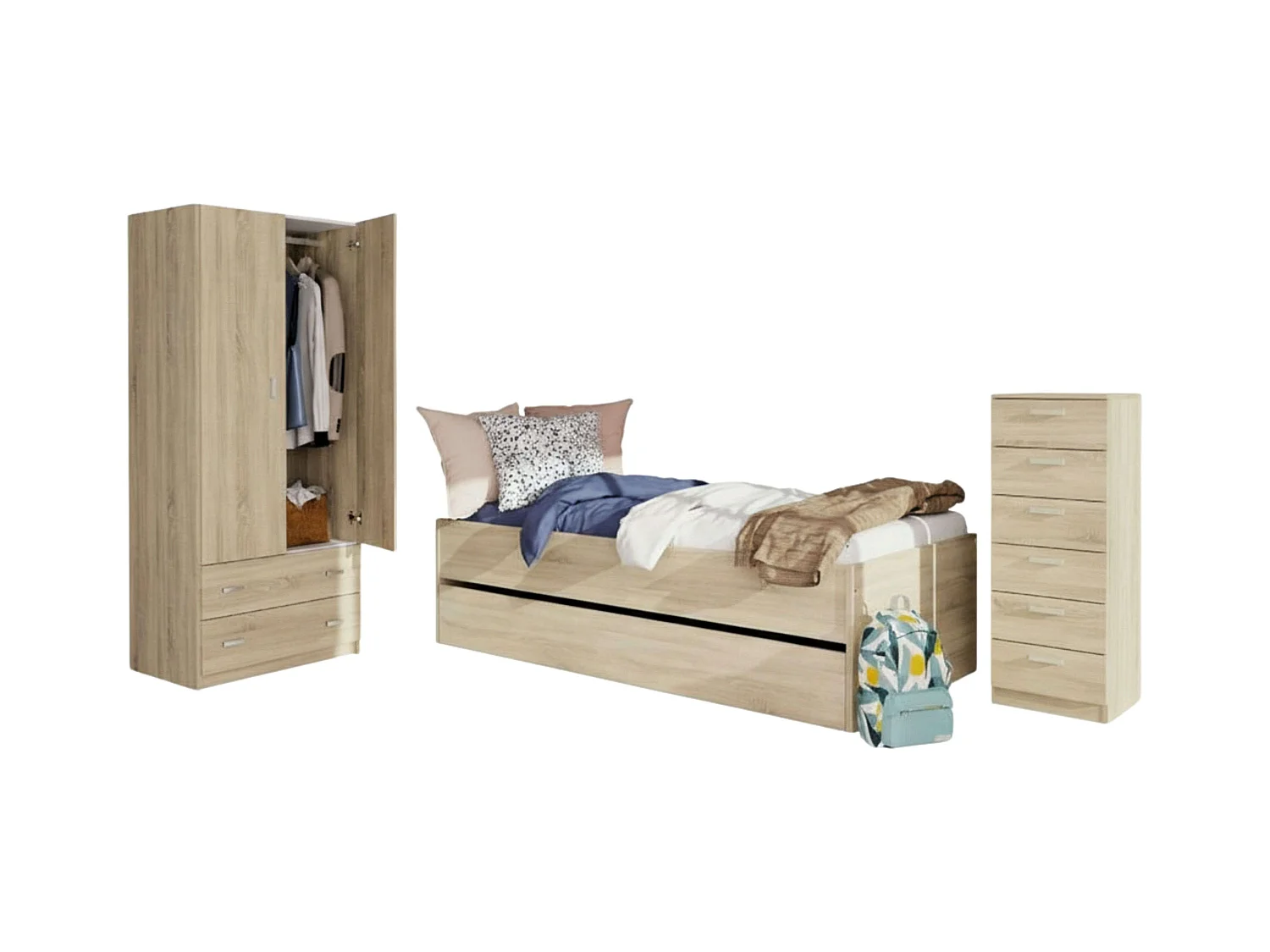 Pack Muebles Dormitorio Juvenil Tibet Roble (Cama 90x190 + Armario + Cómoda)