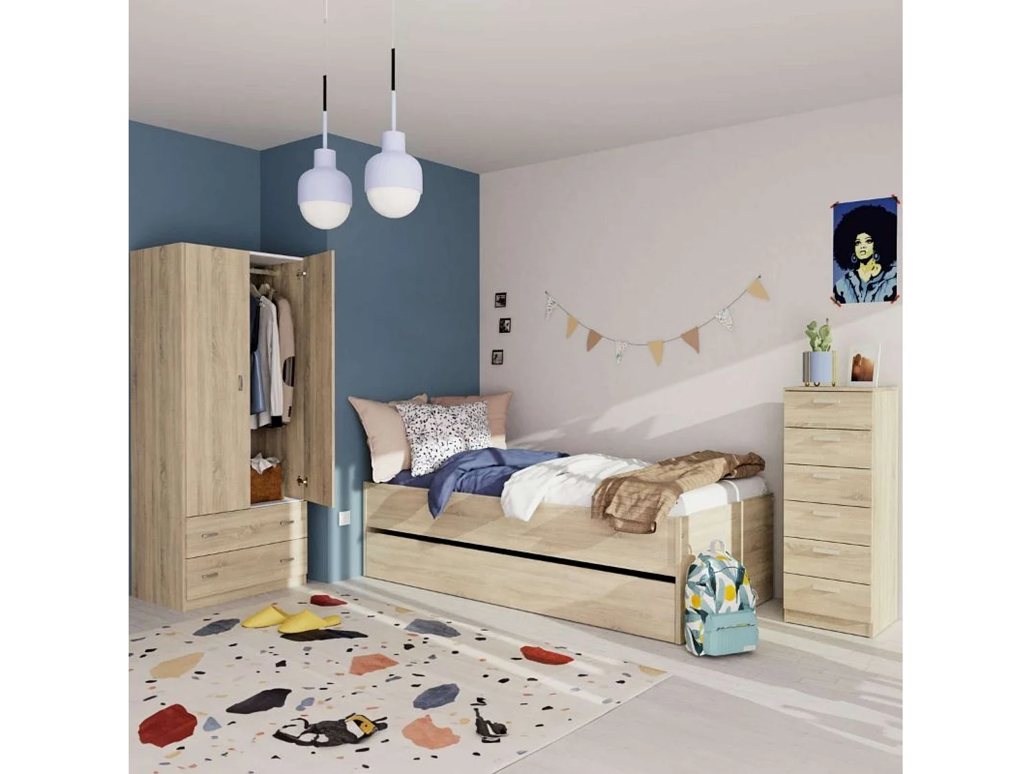 Pack Muebles Dormitorio Juvenil Tibet Roble (Cama 90x190 + Armario + Cómoda)